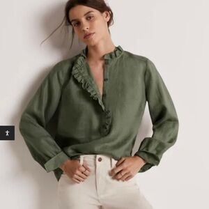 Boden Ruffle Linen Popover Blouse in US 2 Green